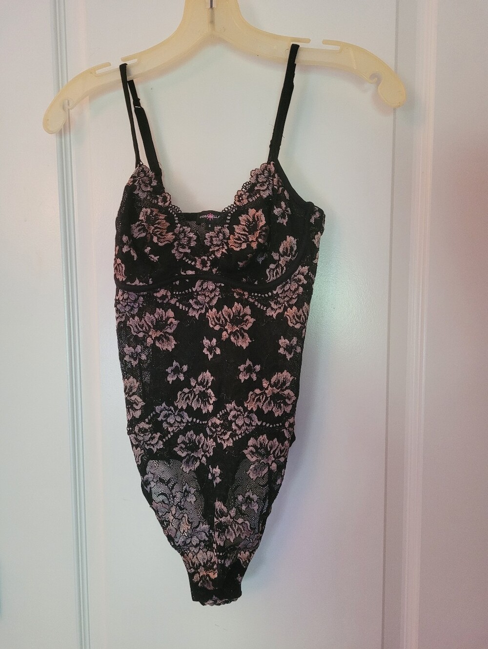 Cosabella Black Lace Bodysuit with Blush Floral Embroidery